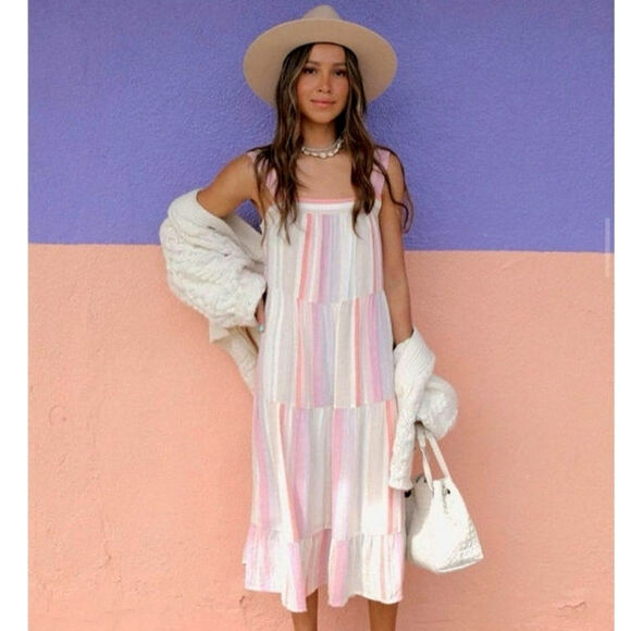 Rails Amaya Tiered Midi Dress Juliette Stripe Sleeveless Pastel Rainbow Boho S - Picture 13 of 16